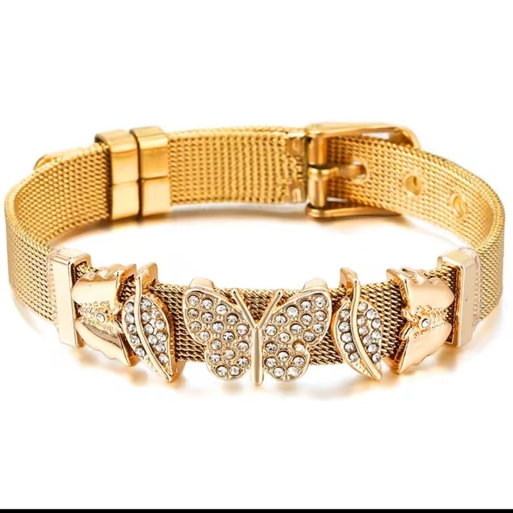 Gold Butterfly Crystal Bracelet Adjustable Mesh Chain Bangle,Elegant Rhinestone